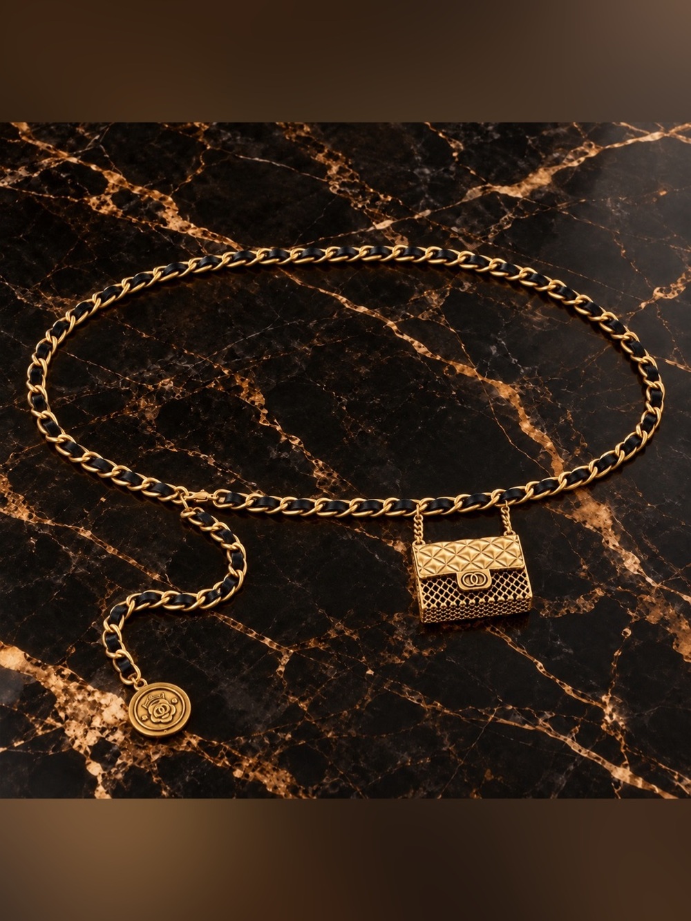 Gold Interlaced Leather & Chain Belt with Bag Charm